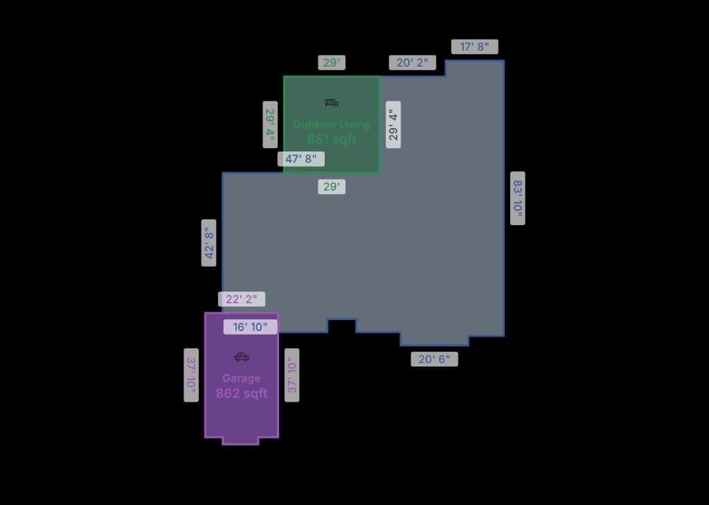 Floor plan footprint diagram showing main living area, outdoor living, and garage dimensions
